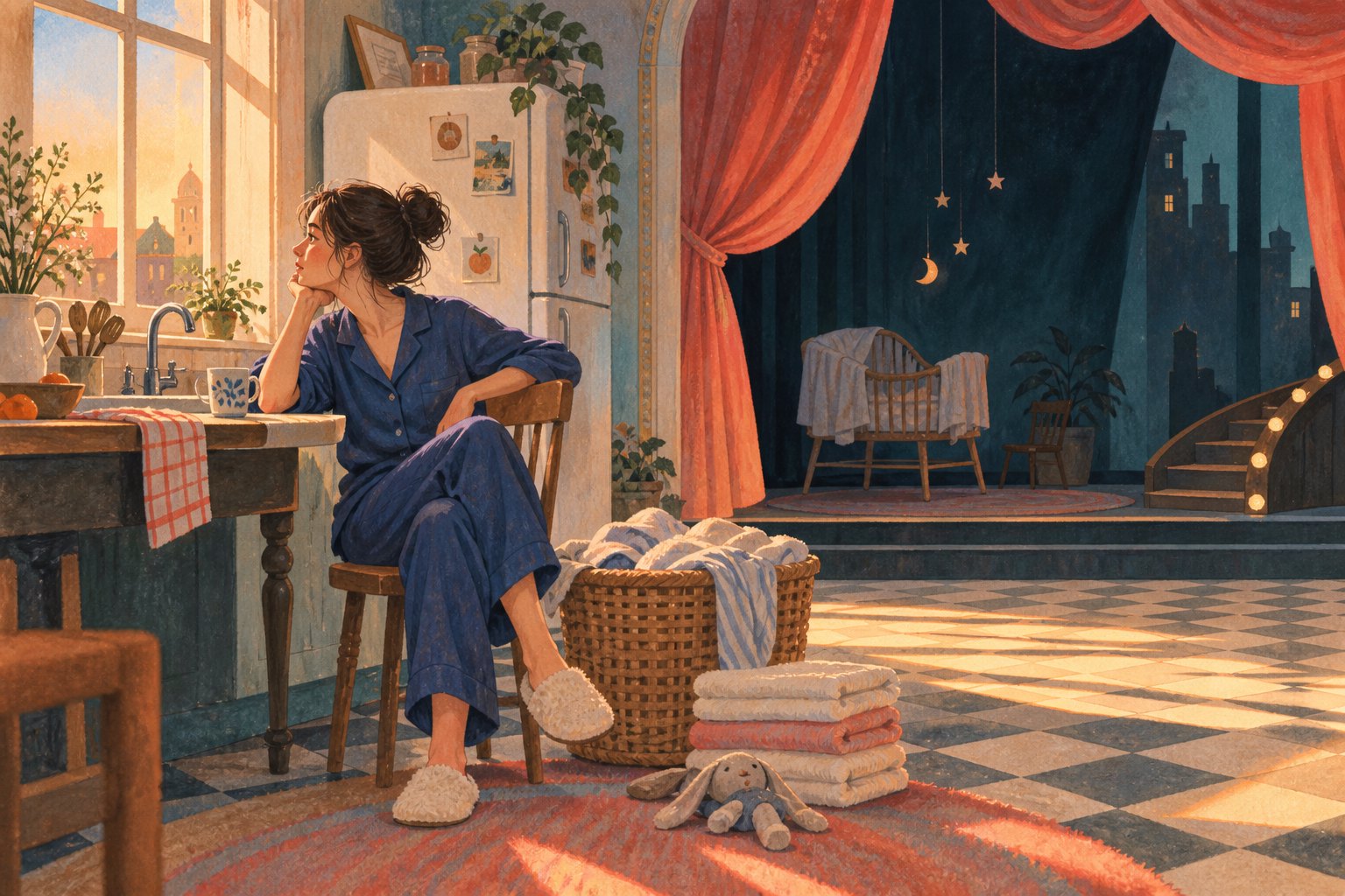 母职主题原创插画:穿蓝色家居服的女性坐在厨房窗边,身旁是衣物与通向摇篮的剧场空间