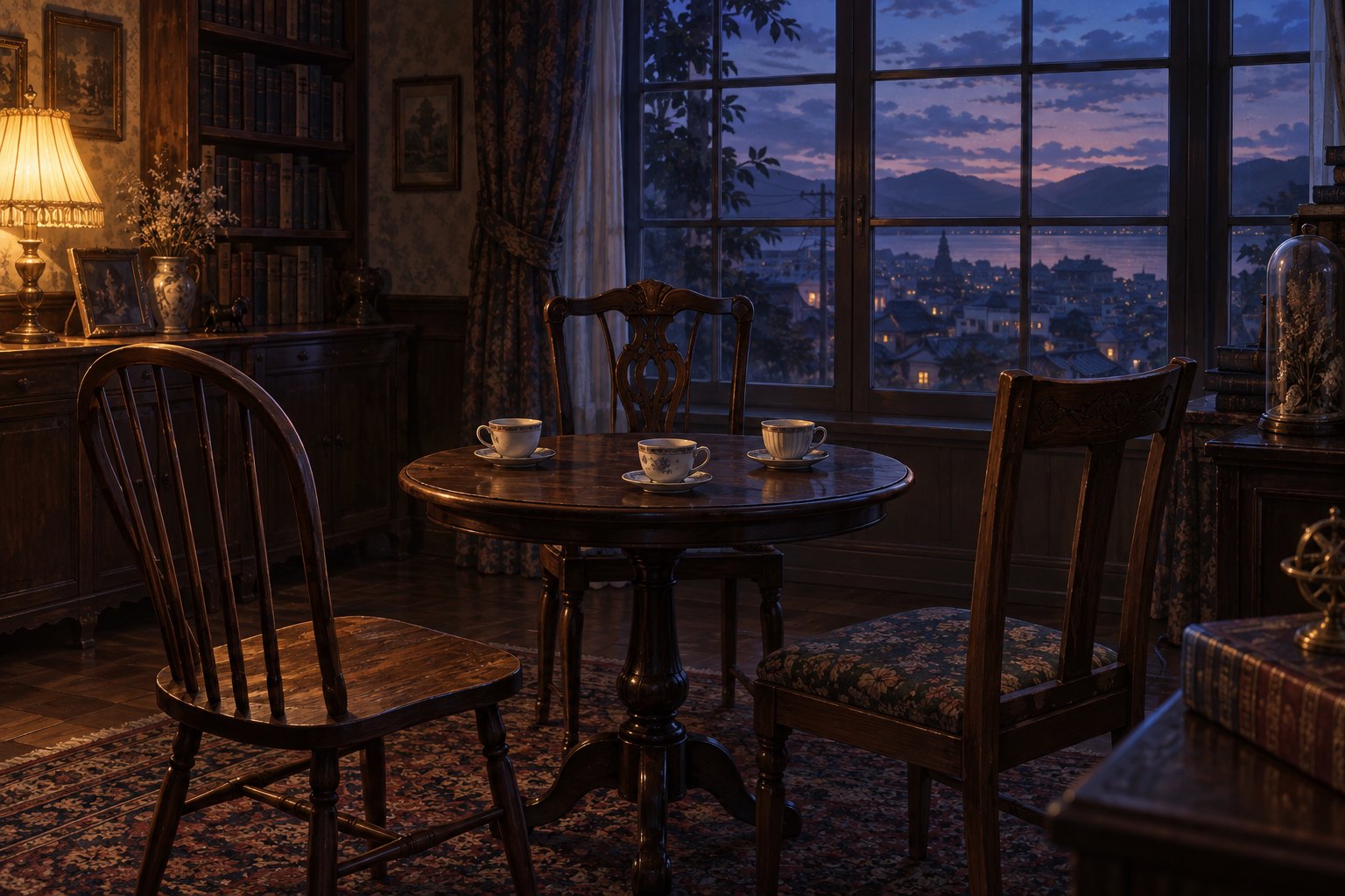 Concept illustration of three empty wooden chairs and three teacups around a table beside a twilight window, evoking different perspectives within a shared home.