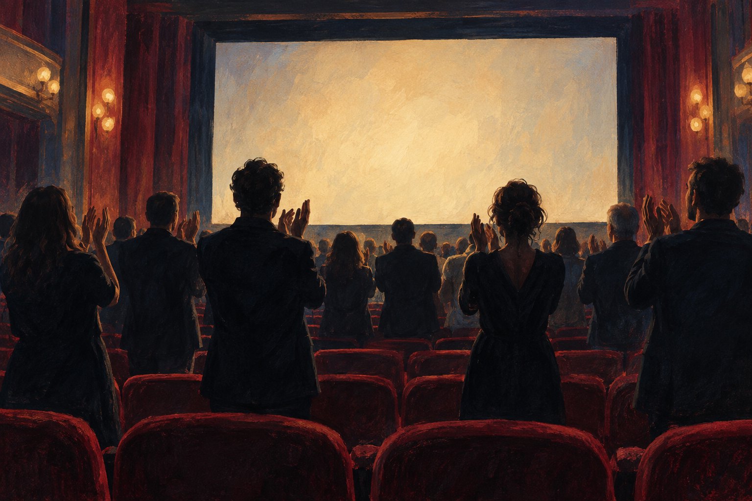 Painterly illustration of a standing cinema audience applauding before a blank illuminated screen.