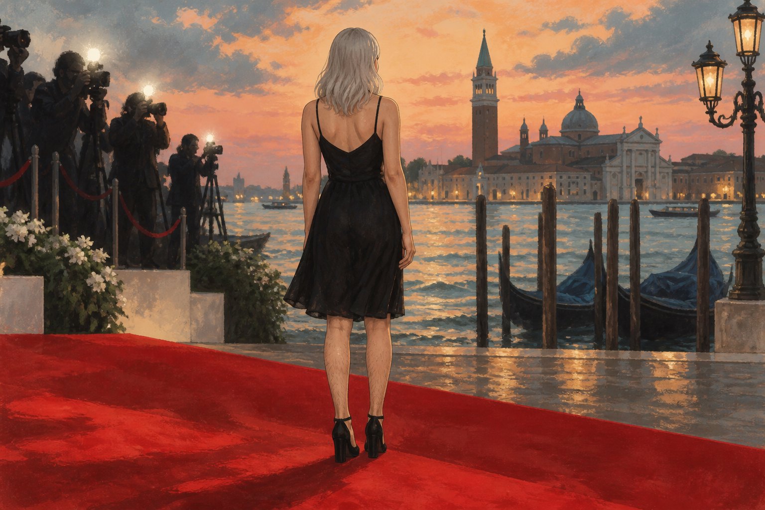 Conceptual illustration of a silver-haired woman in a black dress on a red carpet beside a Venetian lagoon.