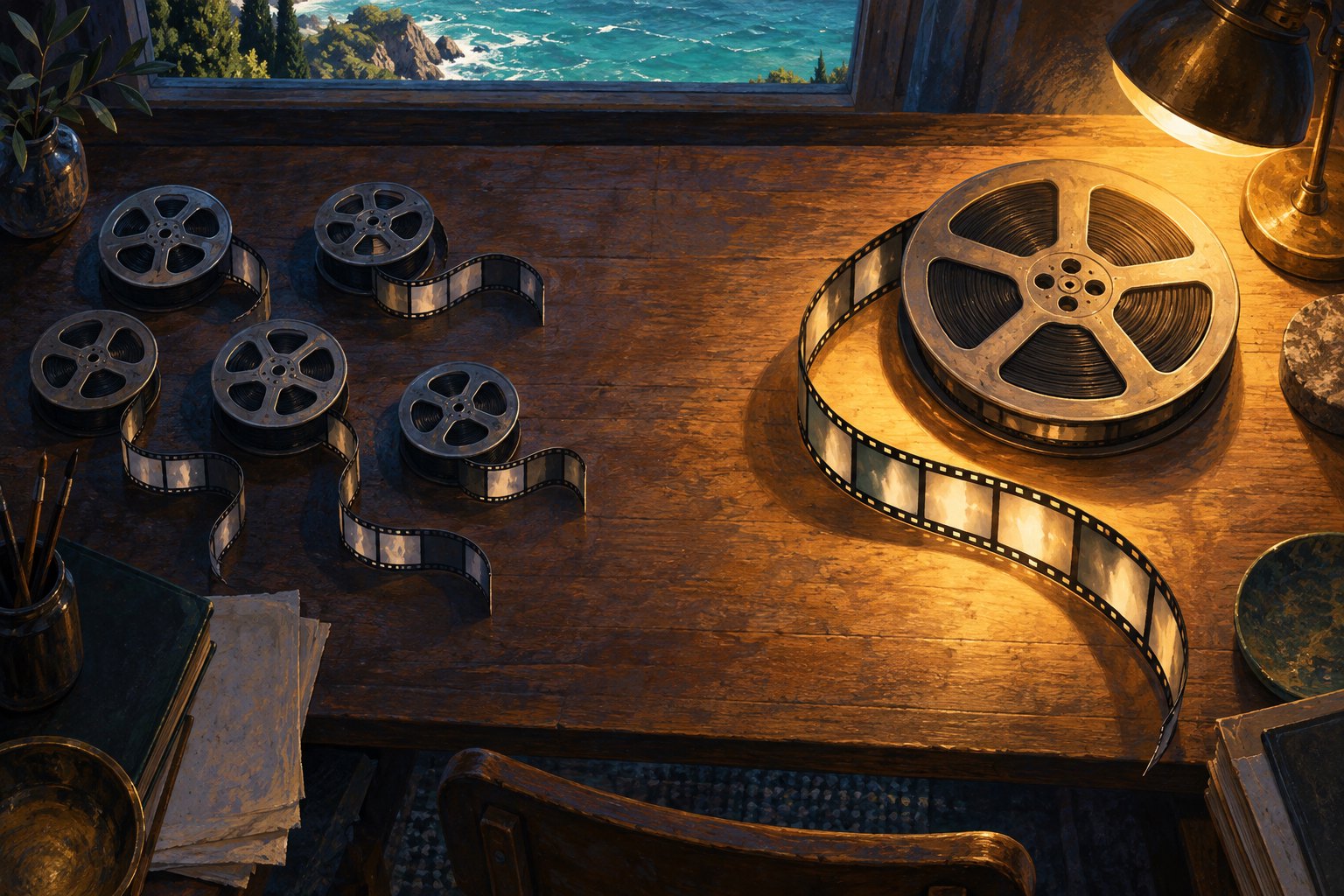 Conceptual illustration of several small film reels and one large reel on a wooden editing desk overlooking the ocean.