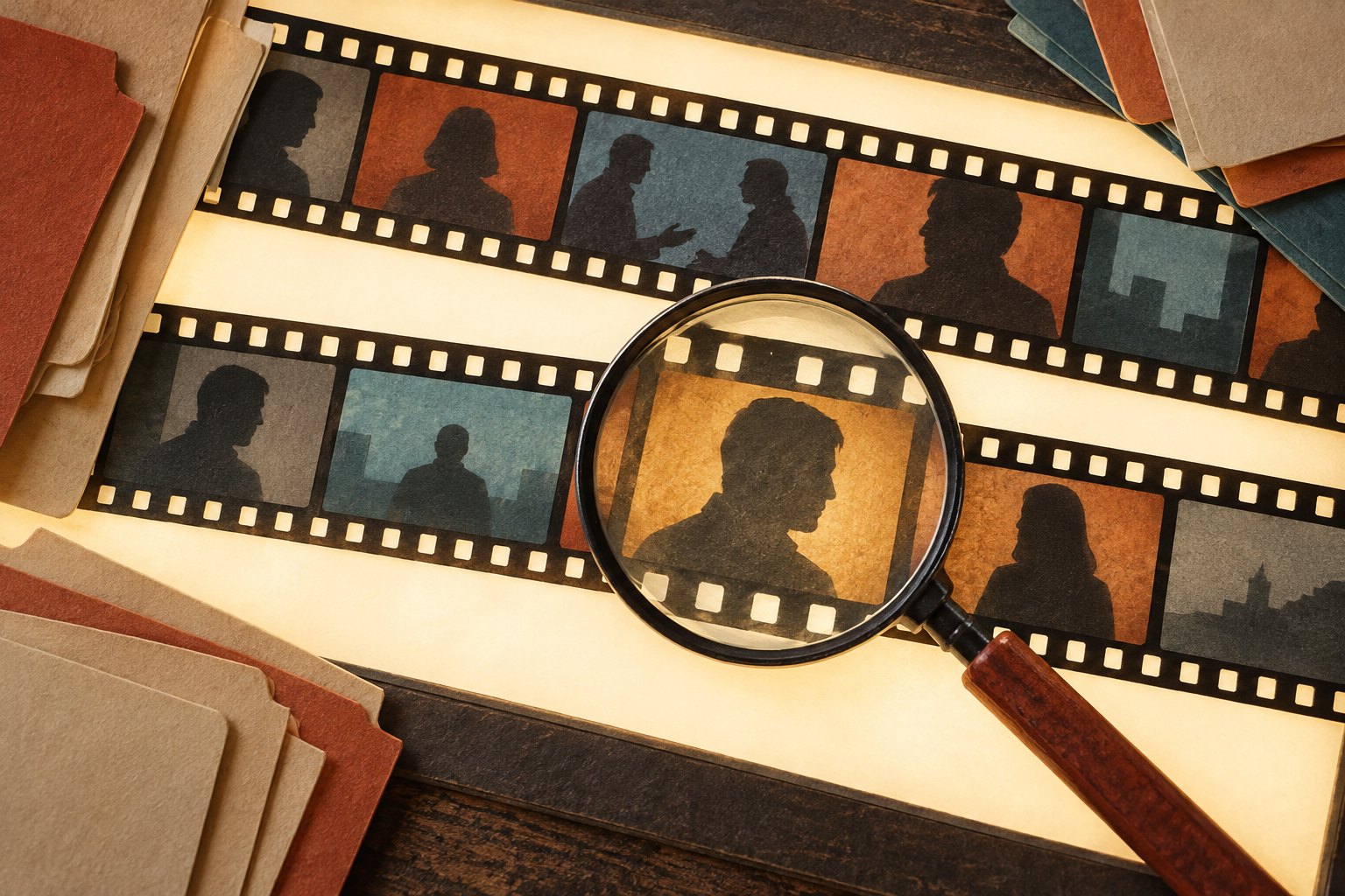 Paper collage of film strips on an illuminated editing table, with a magnifying glass enlarging a silhouetted figure.