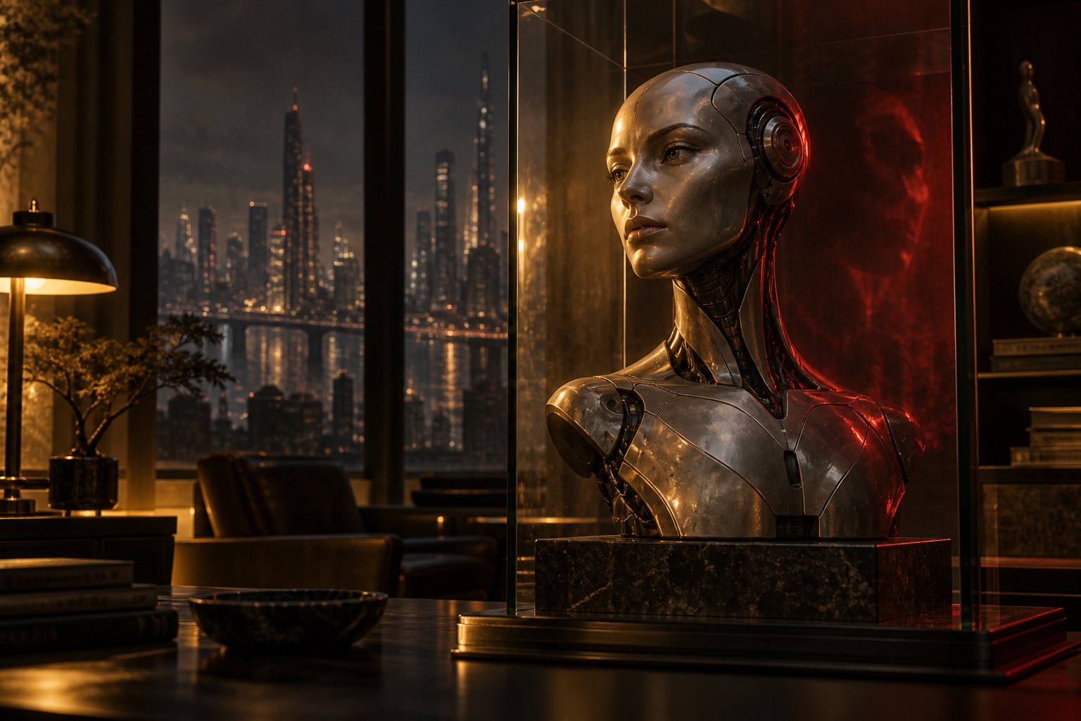 A silver android bust behind glass catches amber and red light in a dark room overlooking a city.