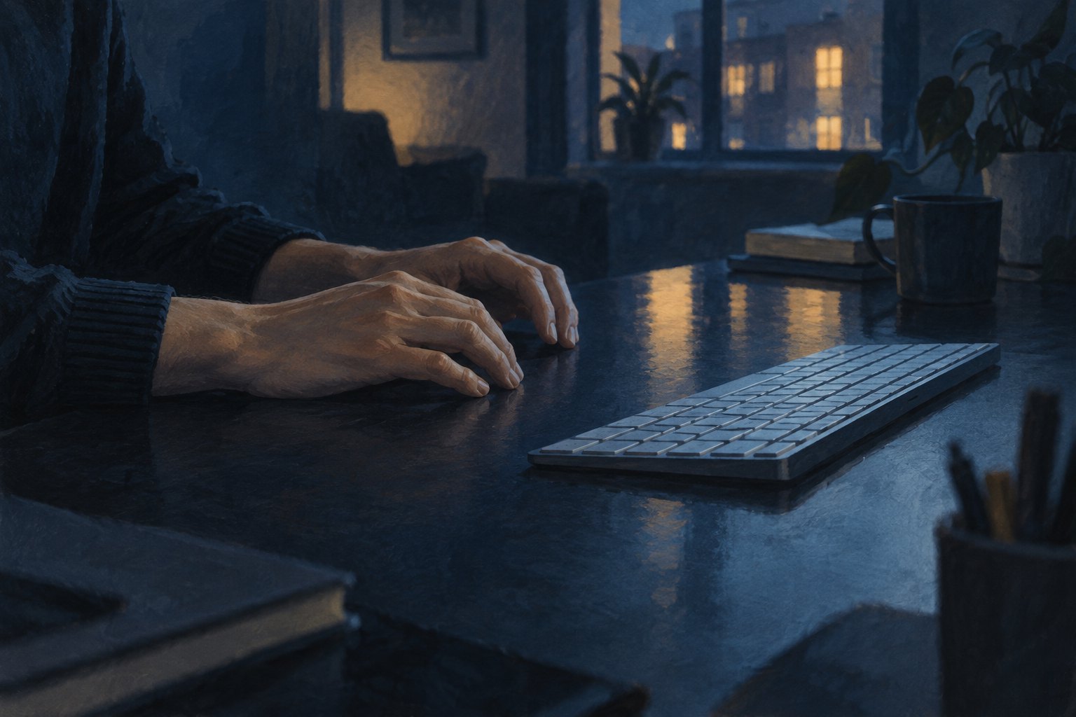 Conceptual illustration of hands paused beside an unmarked keyboard in a dim room overlooking illuminated apartment windows.