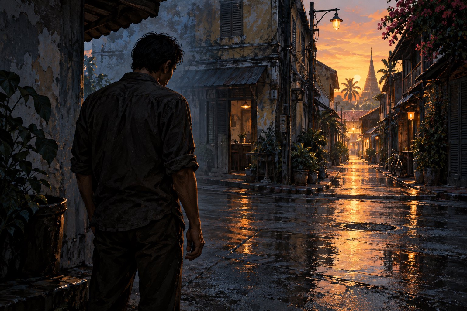 主题插画:疲惫男子站在雨后旧城街巷,望向夕阳照亮的远处