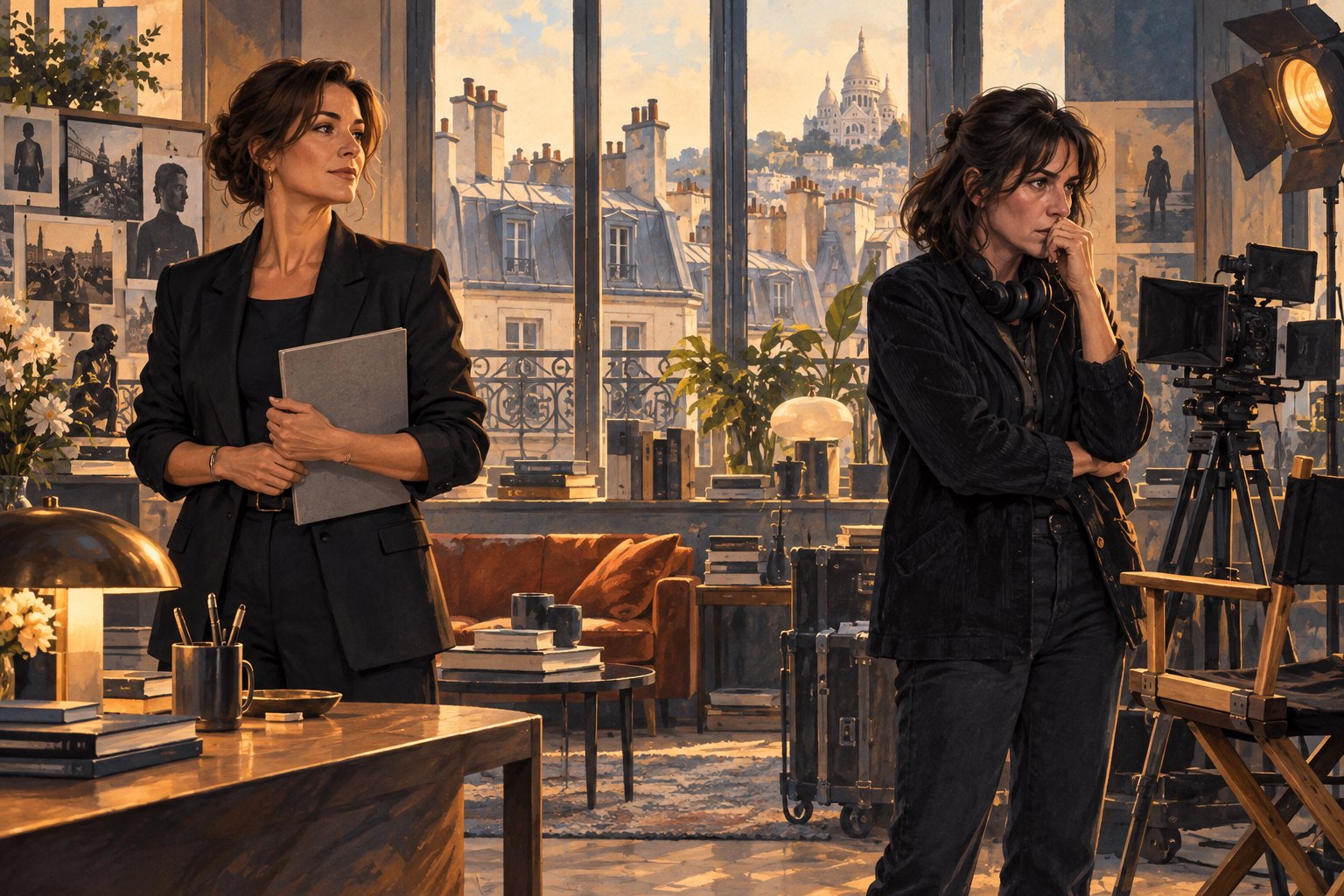Conceptual illustration of a producer holding a folder beside an anxious director in a sunlit Parisian production office.