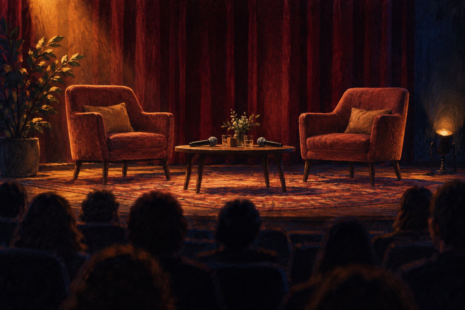 Editorial illustration of two empty chairs and microphones on a warmly lit cinema stage facing an audience.