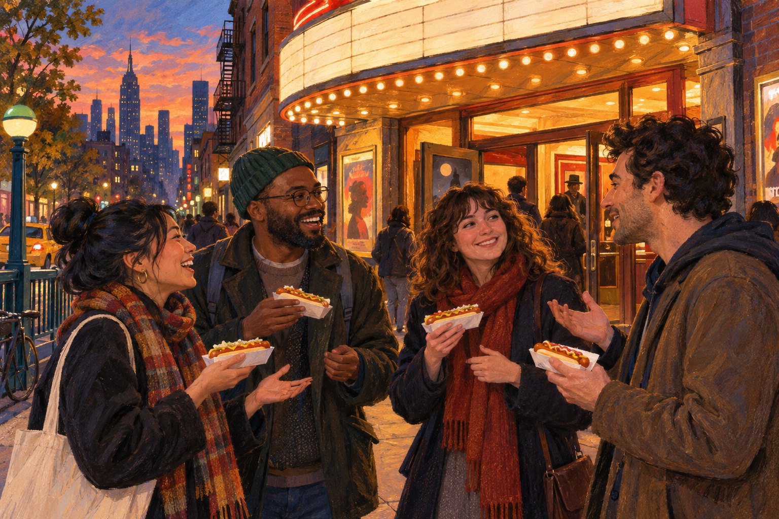 Editorial illustration of four moviegoers holding hot dogs and talking outside a warmly lit New York cinema at dusk.