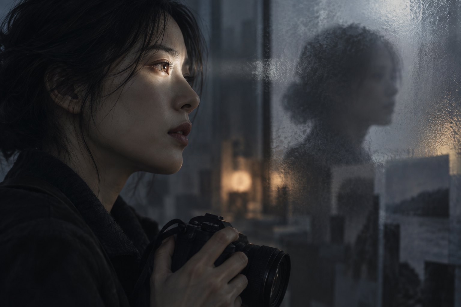 主题插画:手持相机的女子望向磨砂玻璃,微光照亮眼睛,玻璃上映出模糊侧影