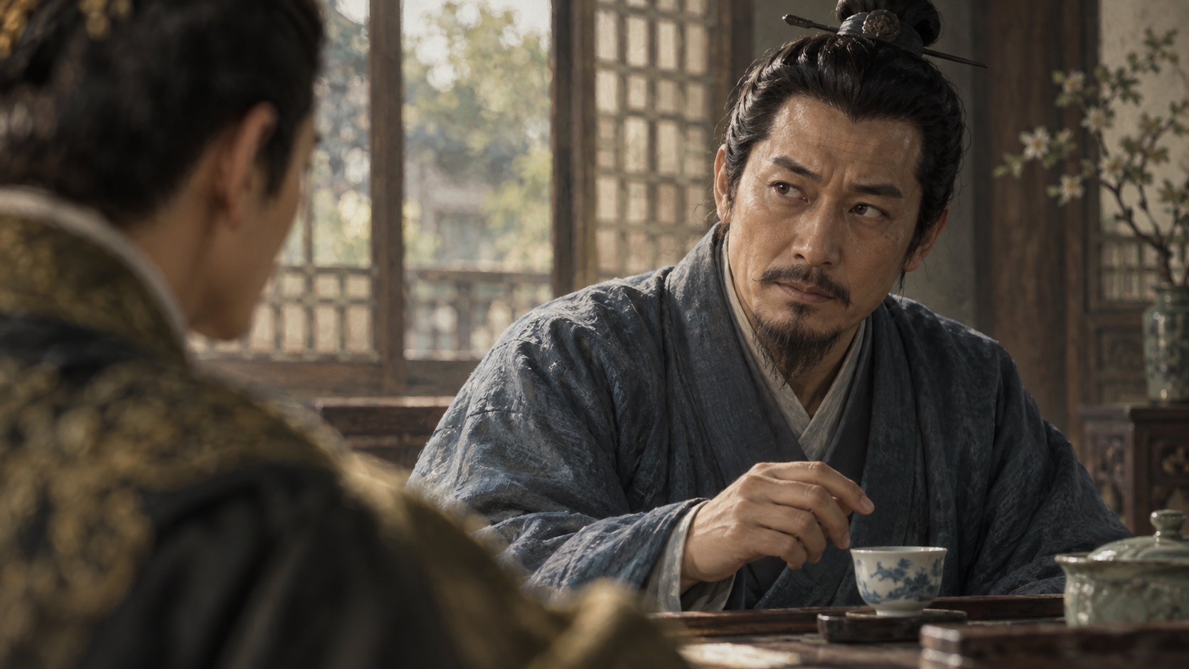 原創概念插畫:虛構古裝人物在茶桌旁凝神聆聽,以眼神與停頓呈現對手戲張力,非吳慷仁肖像或實際劇照