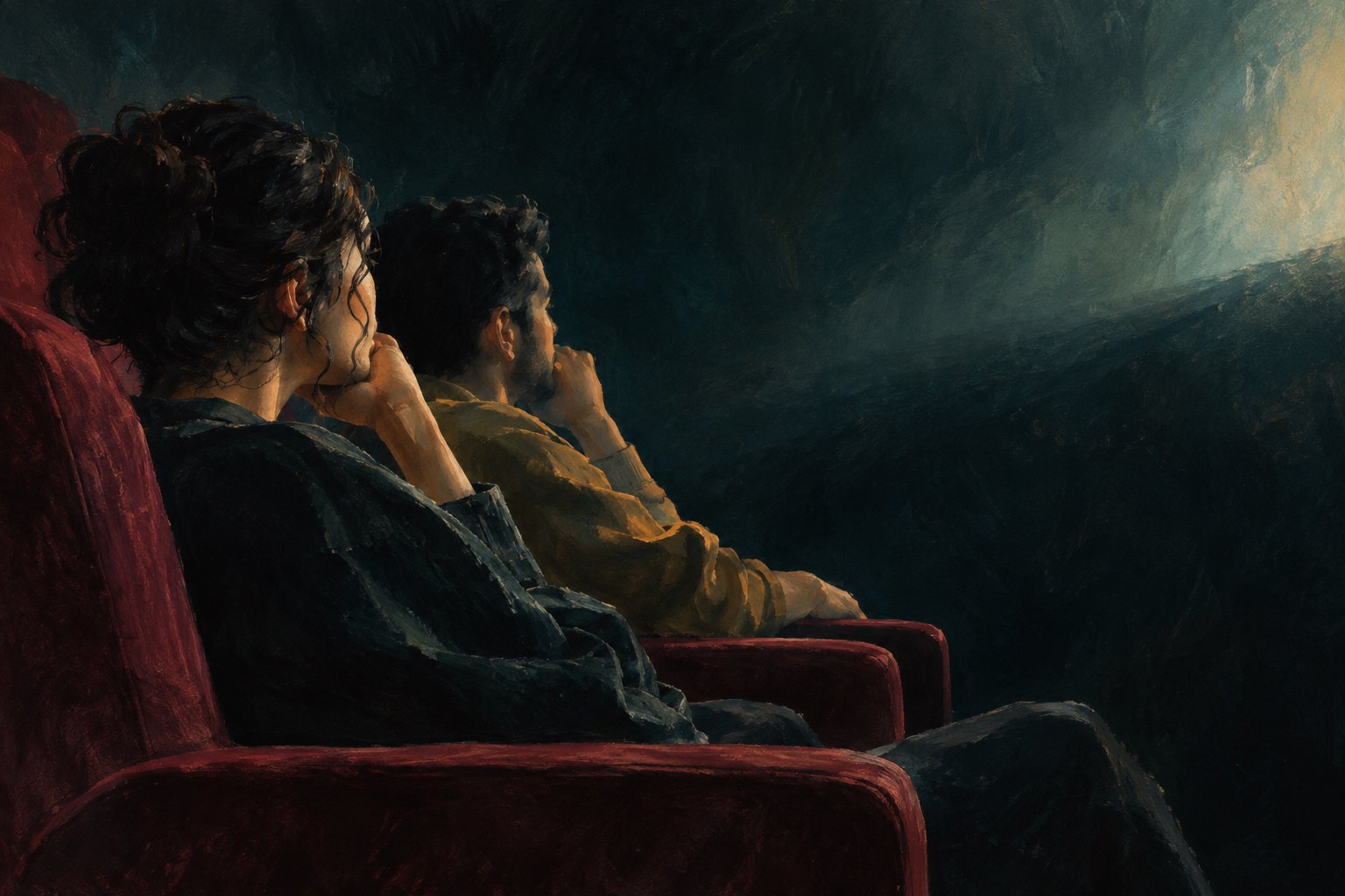 Painterly illustration of two seated moviegoers watching an unseen screen in a dark theater.