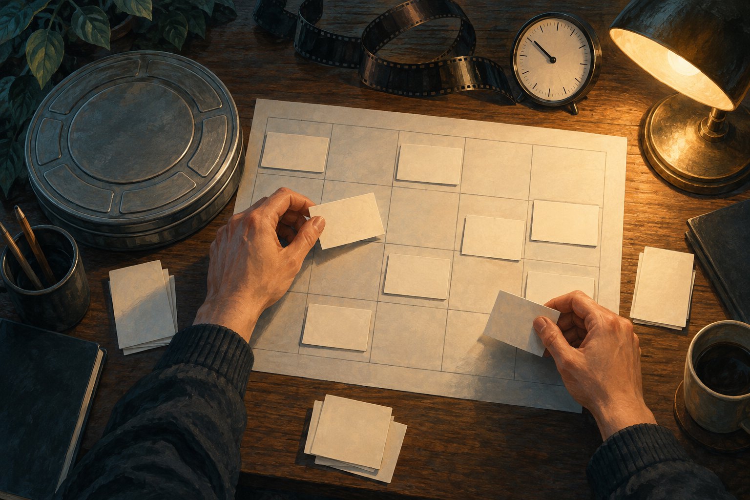 Illustration of hands arranging blank cards on a planning grid beside a film canister and an analog clock.
