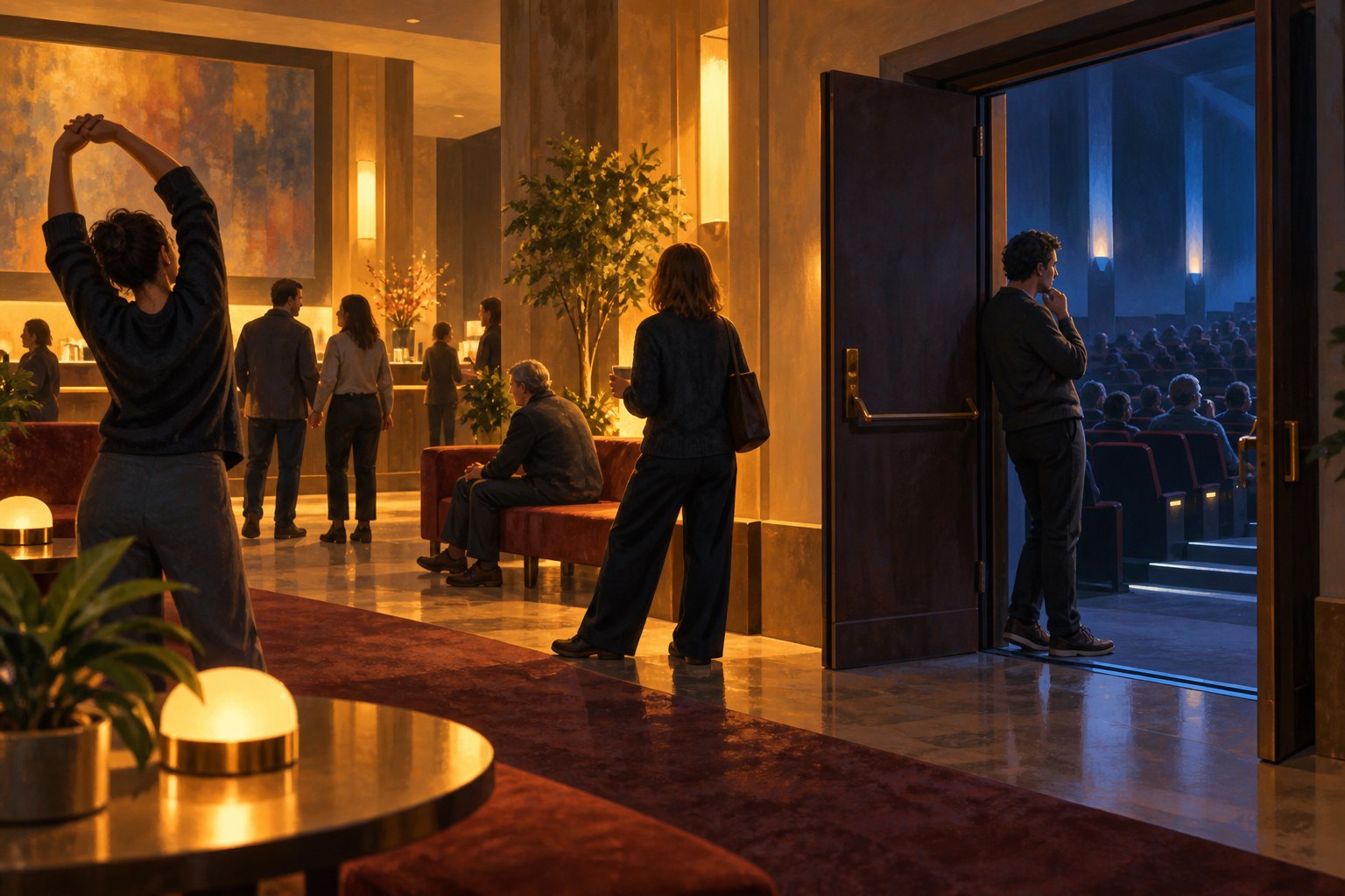 Conceptual illustration of moviegoers stretching and reflecting in a warm cinema lobby during an intermission.