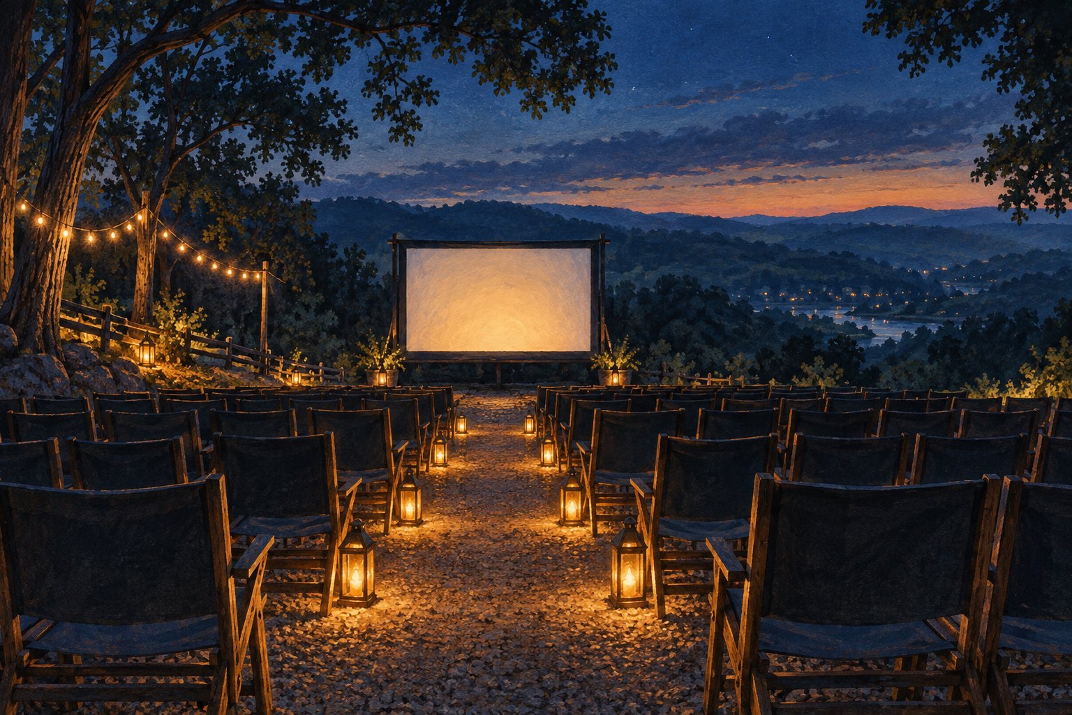 Conceptual illustration of an outdoor movie screen and empty chairs overlooking wooded hills at twilight.