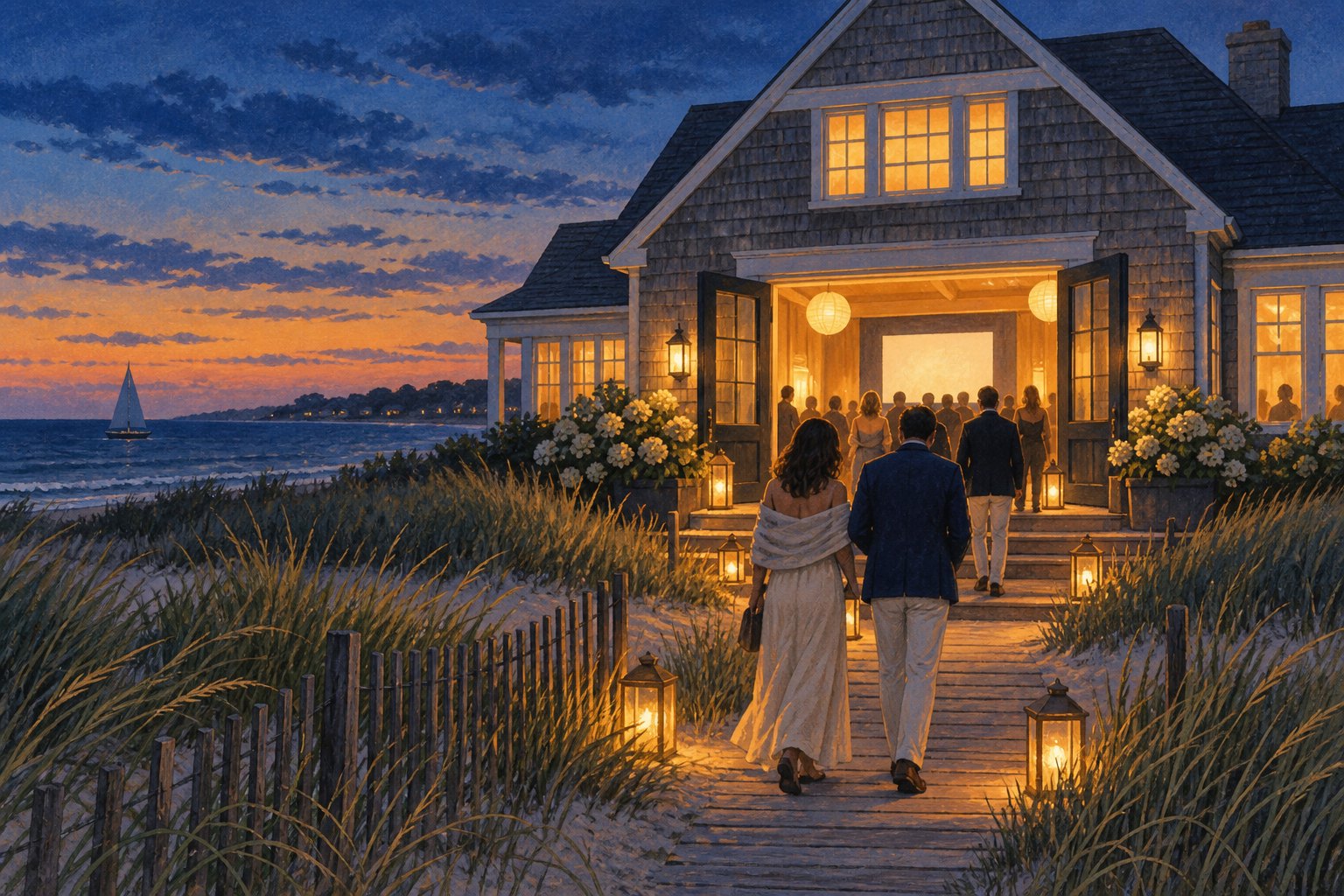 Editorial illustration of filmgoers approaching an imagined shingled coastal cinema at twilight.