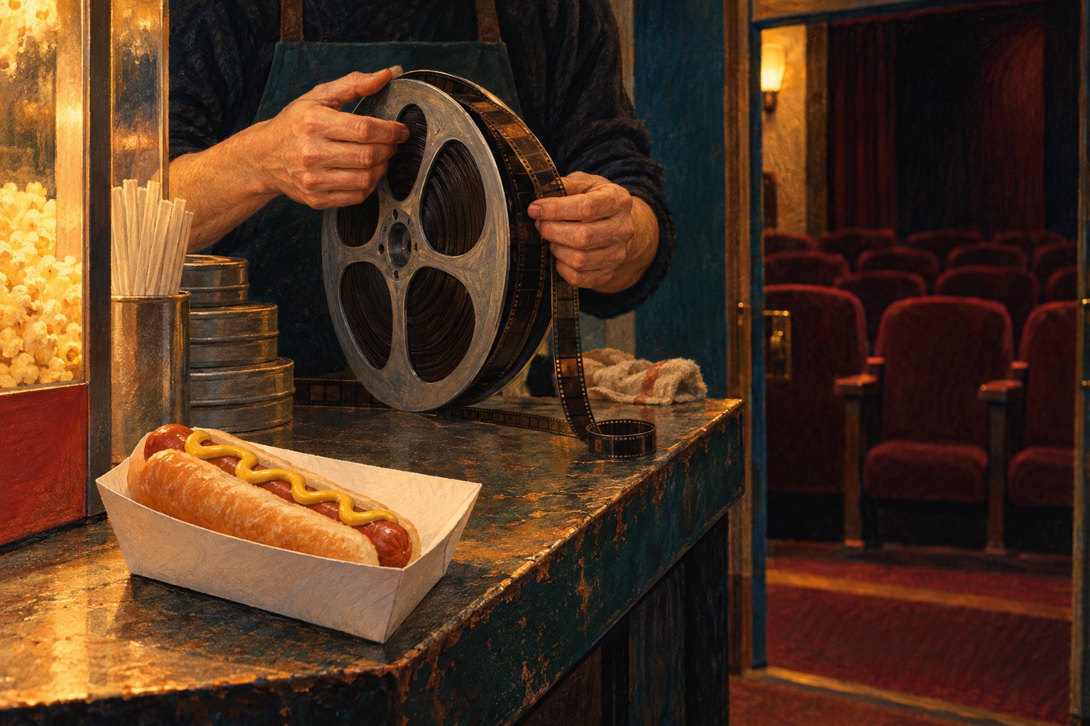Editorial illustration of a hot dog on a cinema counter beside a worker holding a film reel, with empty theater seats beyond.