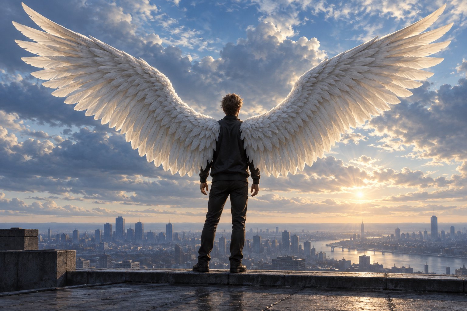 Conceptual illustration of a young winged man standing above a city with white wings spread against a cloudy sunset sky.