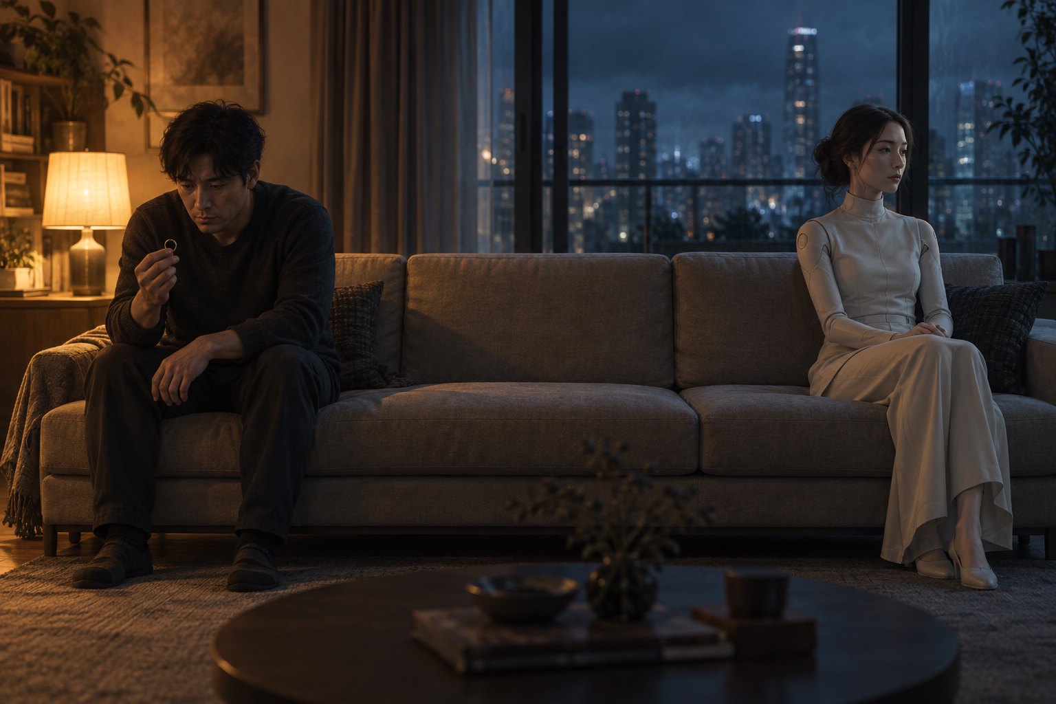 概念插画:昏暗公寓里,孤独男子与女性仿生人分坐沙发两端,冷暖光线映出彼此的距离