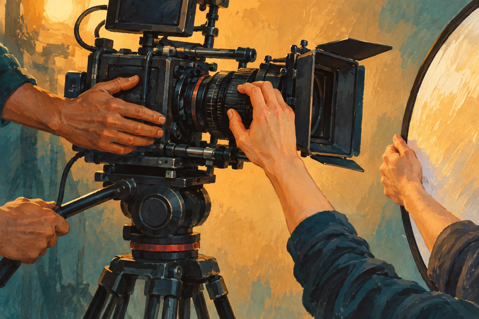 Conceptual illustration of several crew members’ hands adjusting a cinema camera beside a reflector.