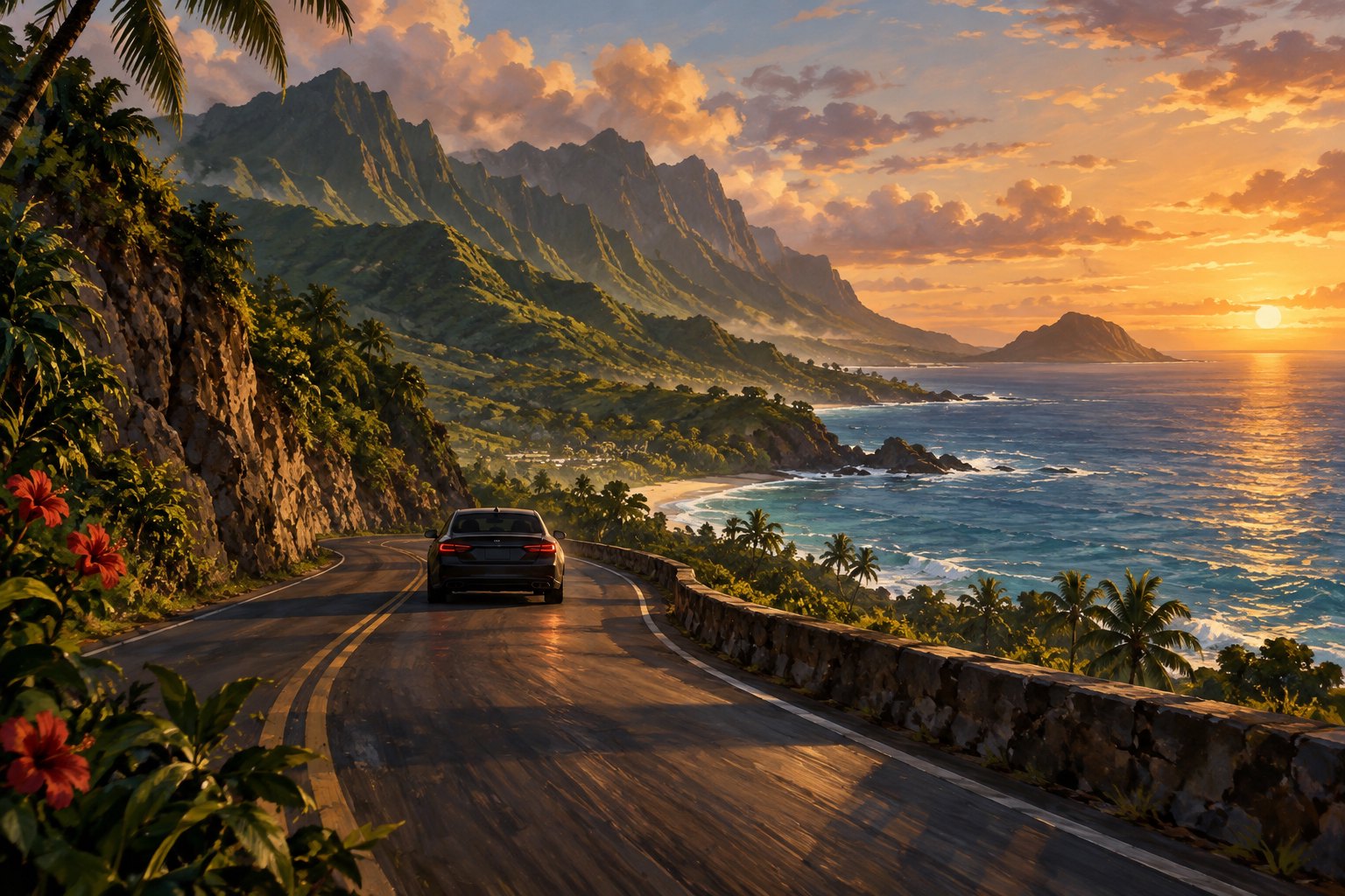 Concept illustration of a dark sedan on a Hawaiian coastal road beneath green mountains at sunset.