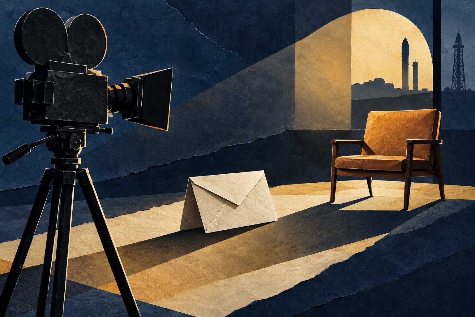 Conceptual paper collage of a movie camera facing an empty chair, with a blank envelope casting a shadow between them.