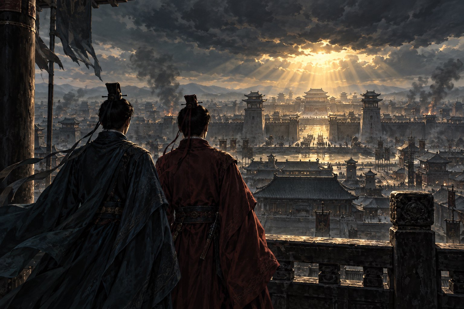 汉末都城主题原创插画:两位青年官员站在城楼上,远望乌云与金光下的宫阙