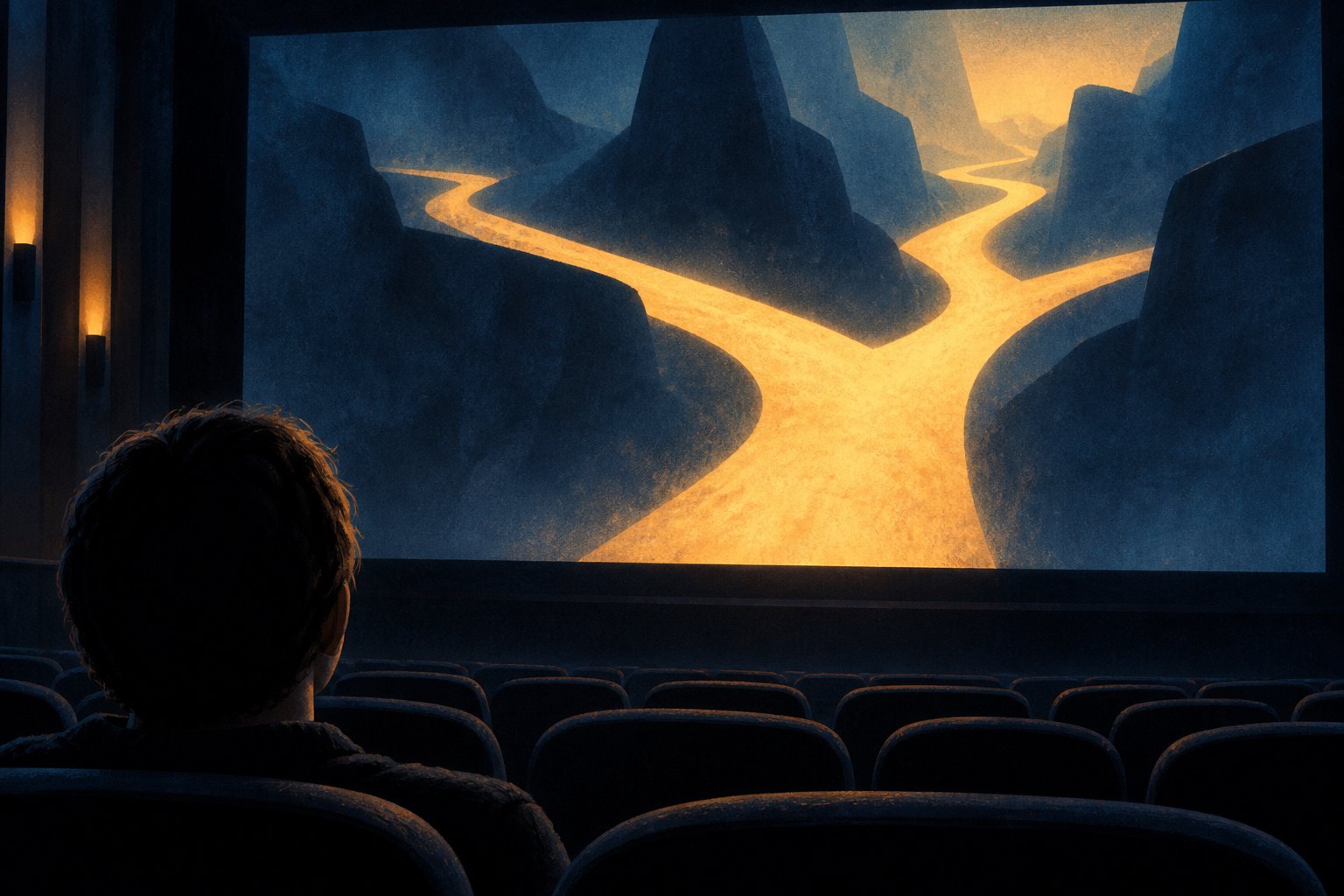 Conceptual illustration of a moviegoer watching branching paths of golden light on a cinema screen.