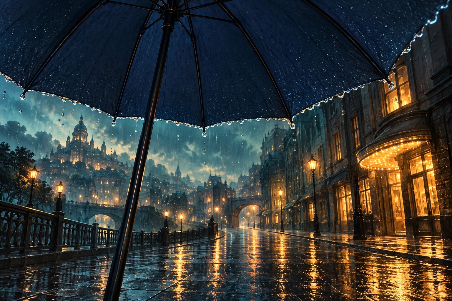 深藍色雨傘映襯雨夜街道的冷暖光影,呈現電影融入日常的概念,非實際商品。