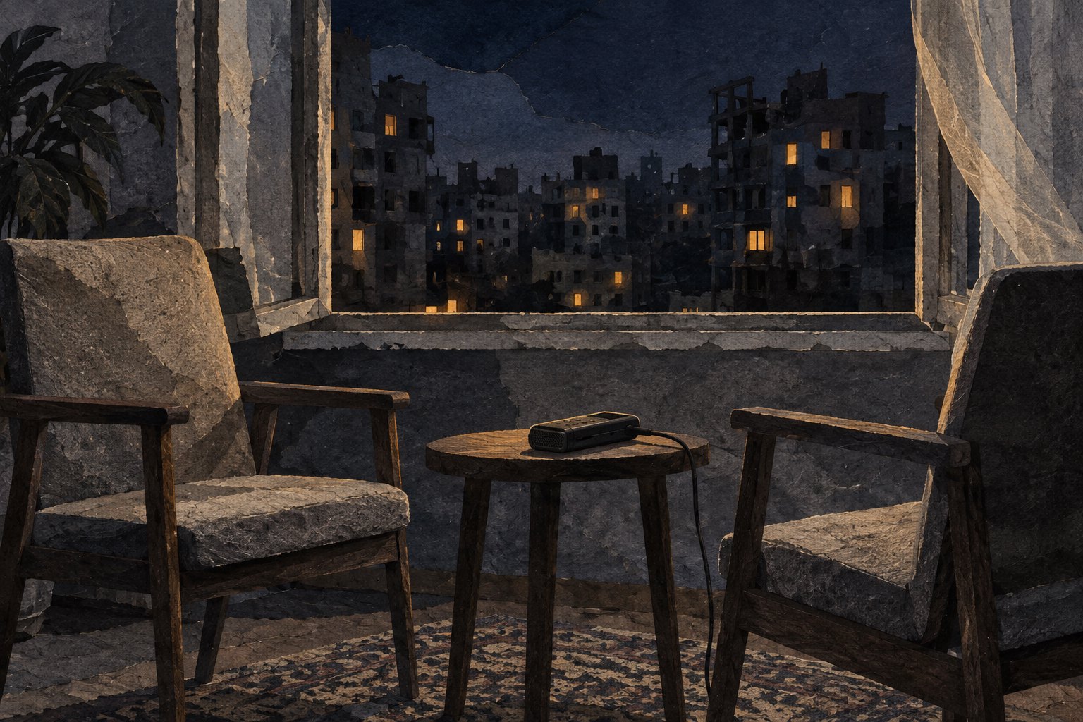 Conceptual illustration of two empty chairs and an audio recorder beside an open window overlooking apartment lights at night.
