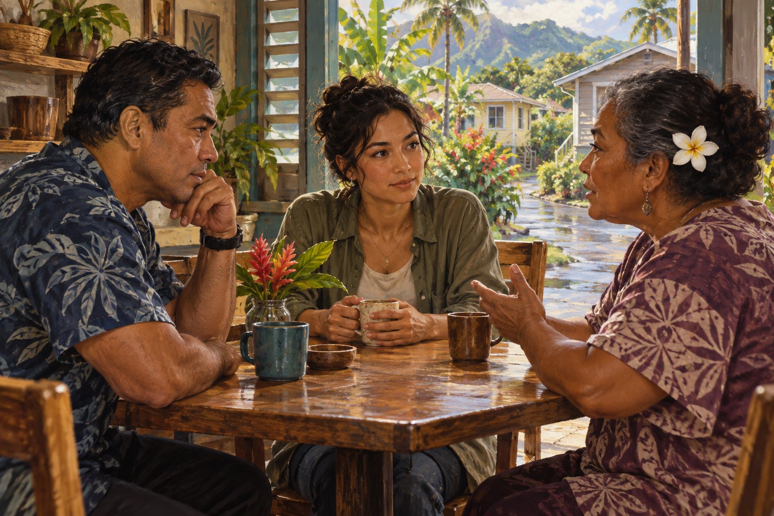 Concept illustration of three adults talking around a wooden table in a Hawaiian neighborhood cafe.