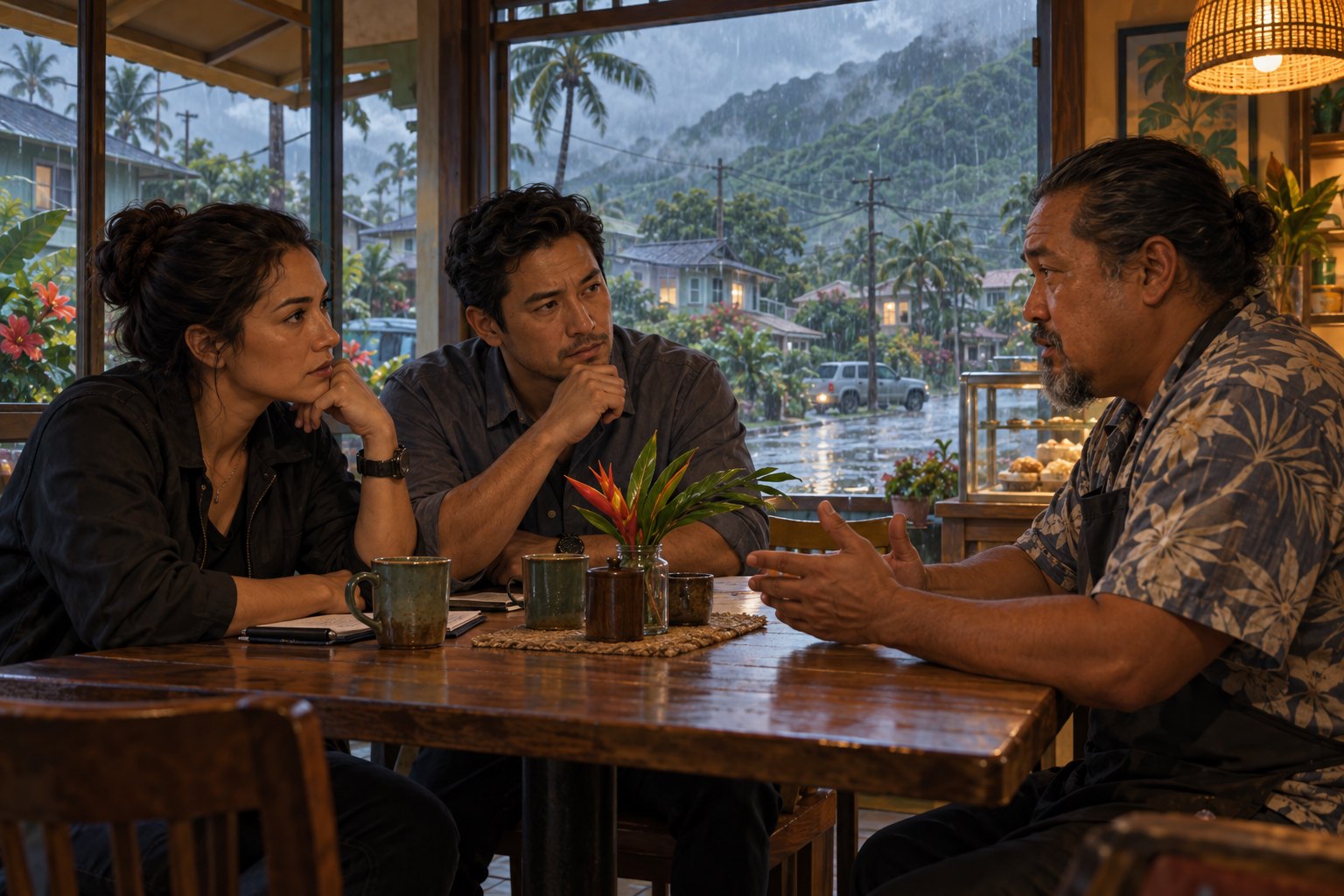 Conceptual illustration of two fictional investigators listening to a cafe owner beside windows overlooking a rainy tropical neighborhood.