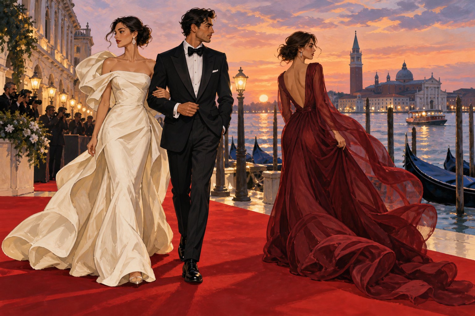 Concept illustration of fictional guests in ivory and burgundy gowns and a black tuxedo on a Venetian waterfront red carpet at sunset.