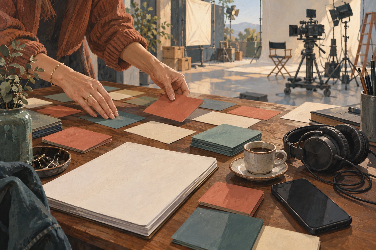 Conceptual illustration of hands arranging production cards beside a script, headphones, and coffee, with film equipment in the background.