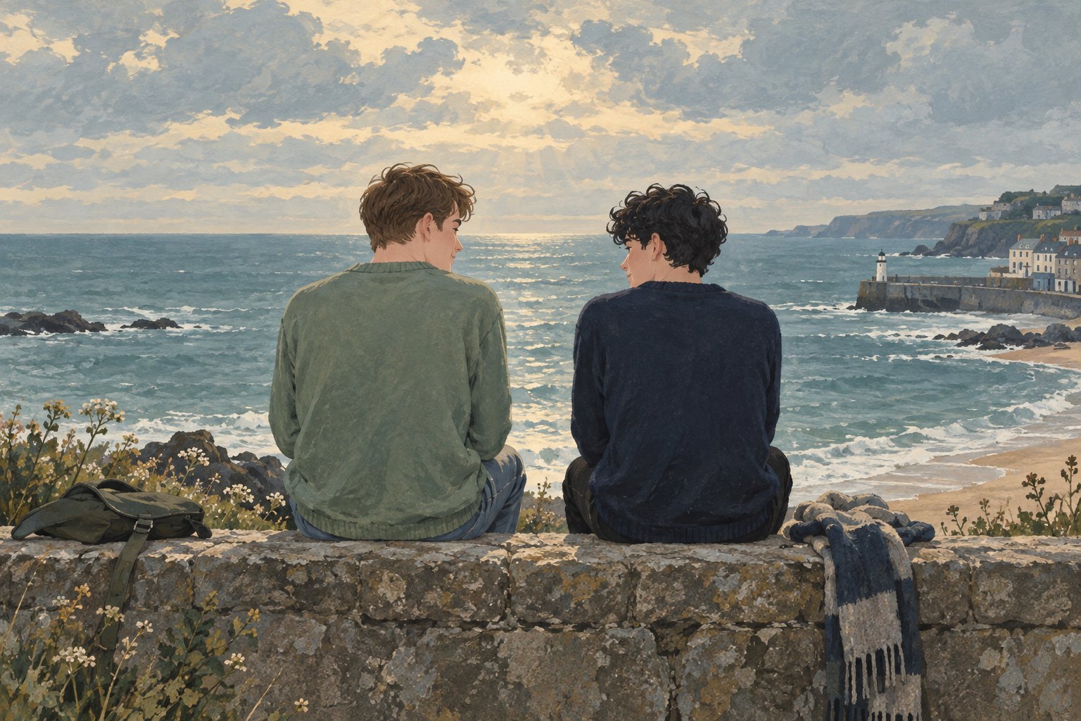 两名青年坐在海边石墙上相望,远处是阴云与海浪的原创主题插画