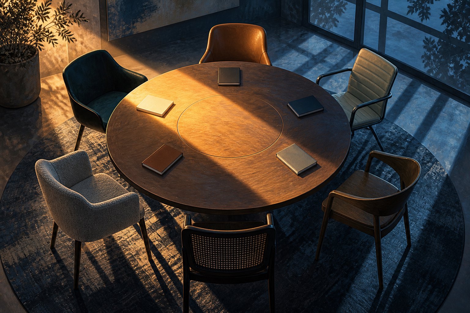 Conceptual illustration of six empty chairs around a circular conference table divided by warm light and cool shadows.