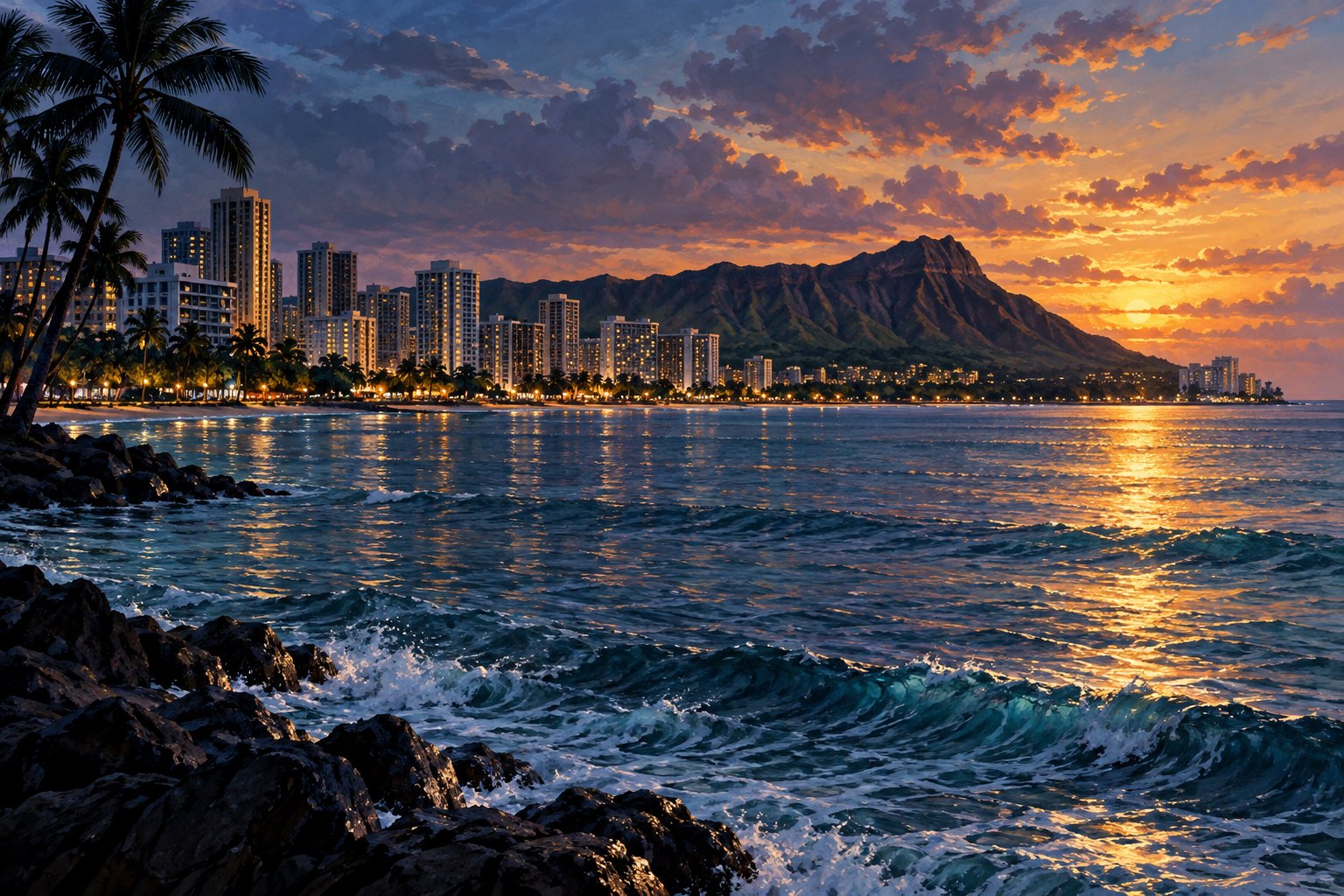 Conceptual illustration of a Hawaiian coastal city beneath mountains at sunset, with waves breaking against dark shoreline rocks.