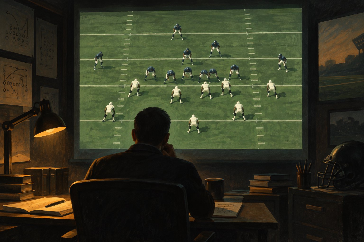 Conceptual illustration of an analyst watching a projected football formation in a dimly lit film room.