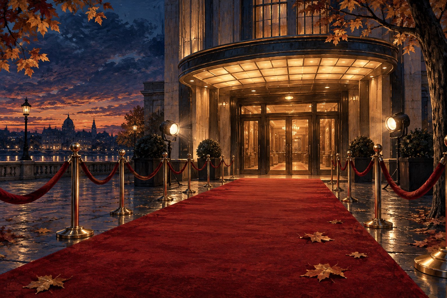 Illustration of an empty red carpet leading to a warmly lit theater entrance beneath autumn trees at dusk.