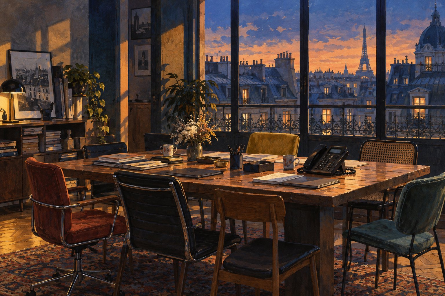 Conceptual illustration of an empty Parisian agency office with mismatched chairs, a desk phone, and rooftops beyond the windows.