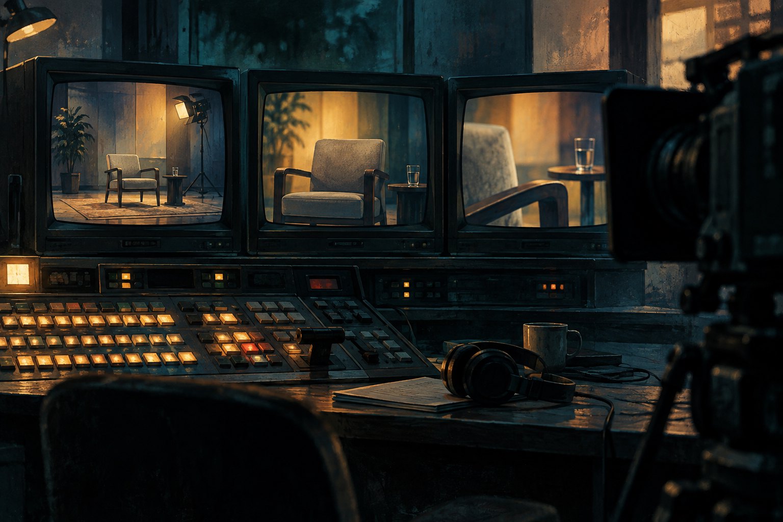 Conceptual illustration of a television control room with three monitors framing the same empty interview chair.