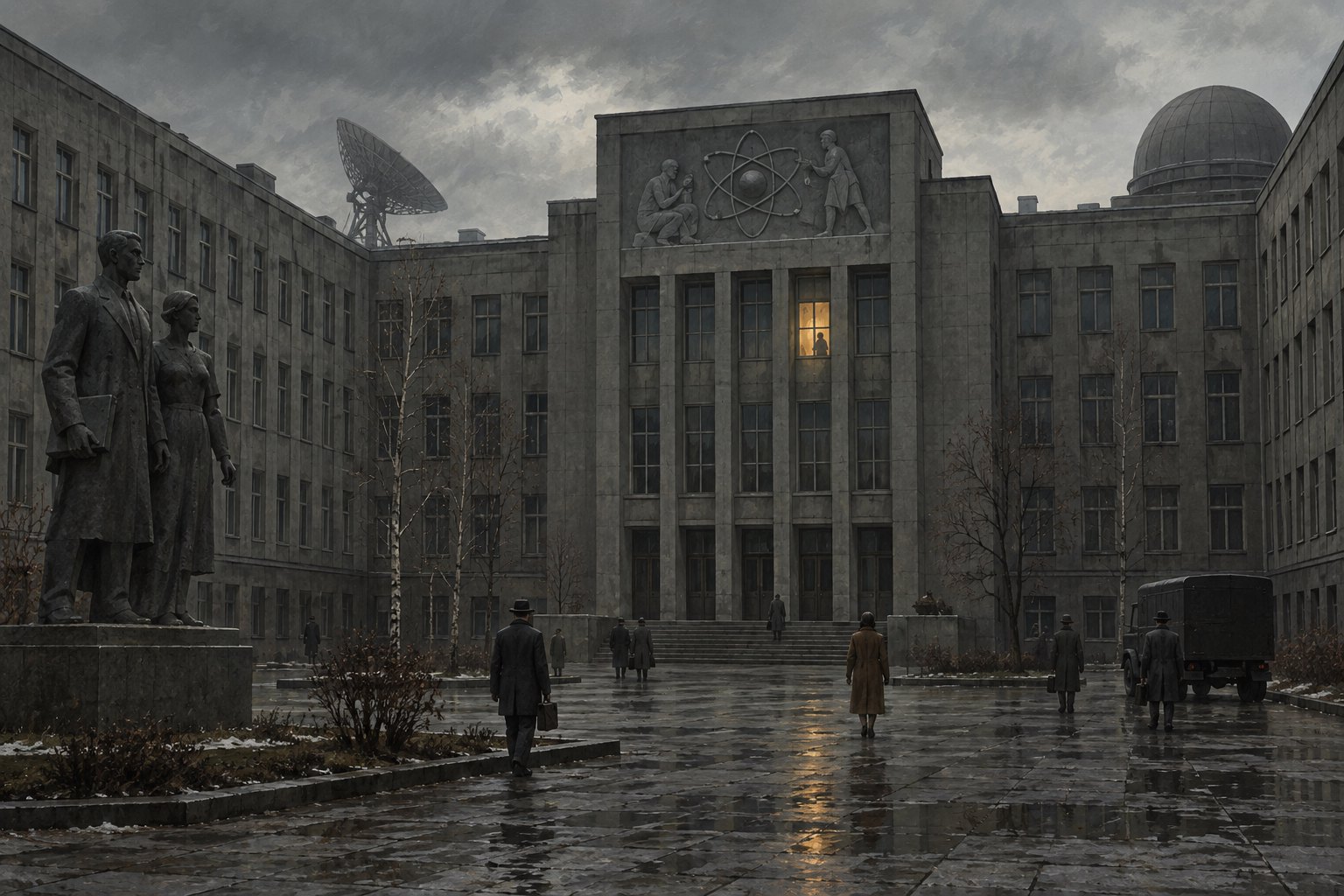 Conceptual illustration of figures crossing the courtyard of an imposing Soviet-era research institute beneath an overcast sky.