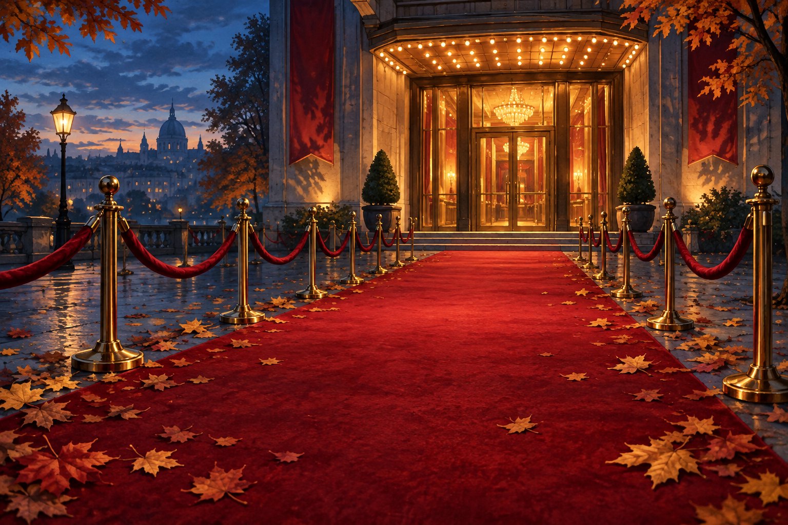 An illustrated empty red carpet leads toward glowing cinema doors amid autumn leaves at dusk.