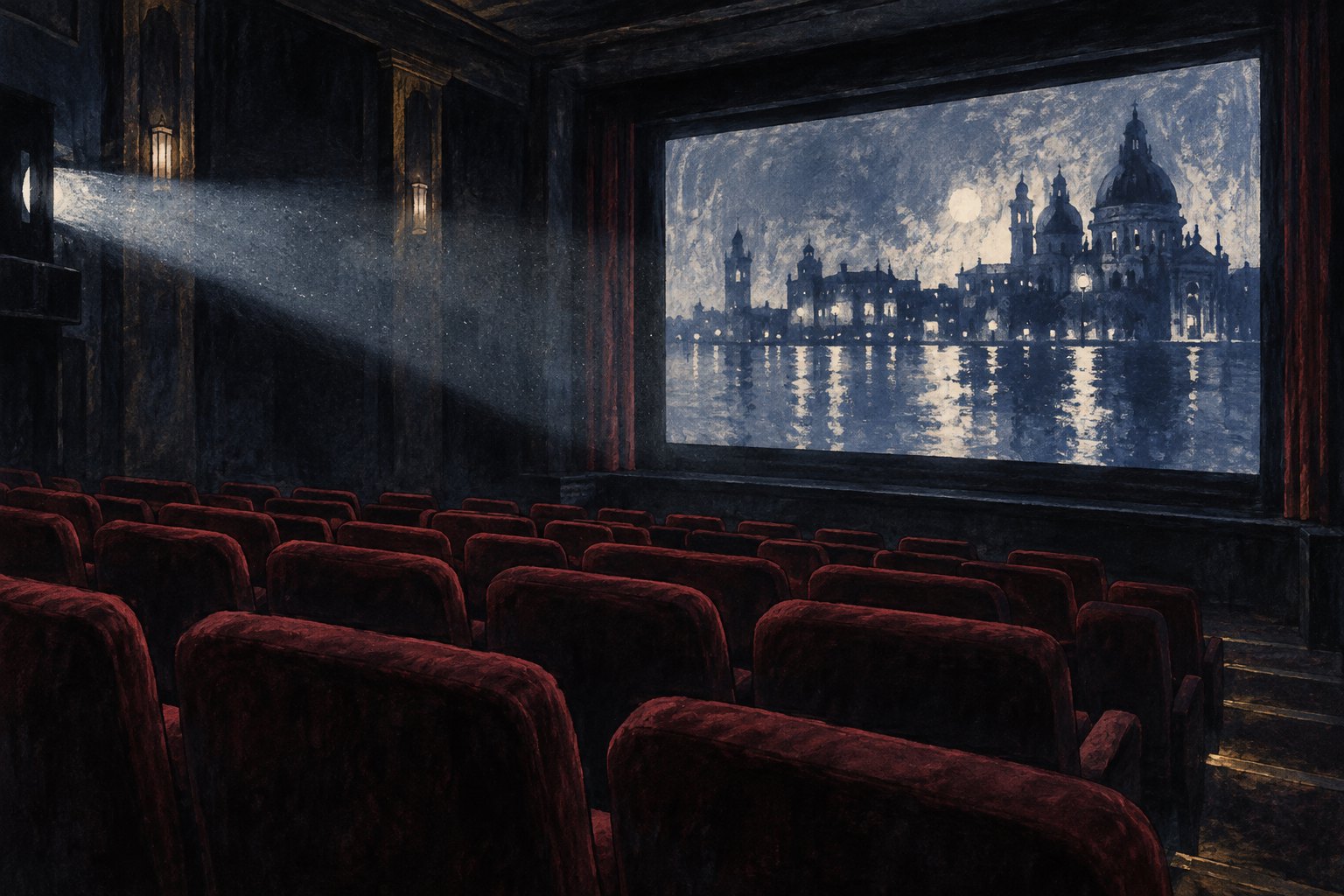 Editorial illustration of an empty cinema with burgundy seats and a moonlit Venetian waterfront projected on the screen.