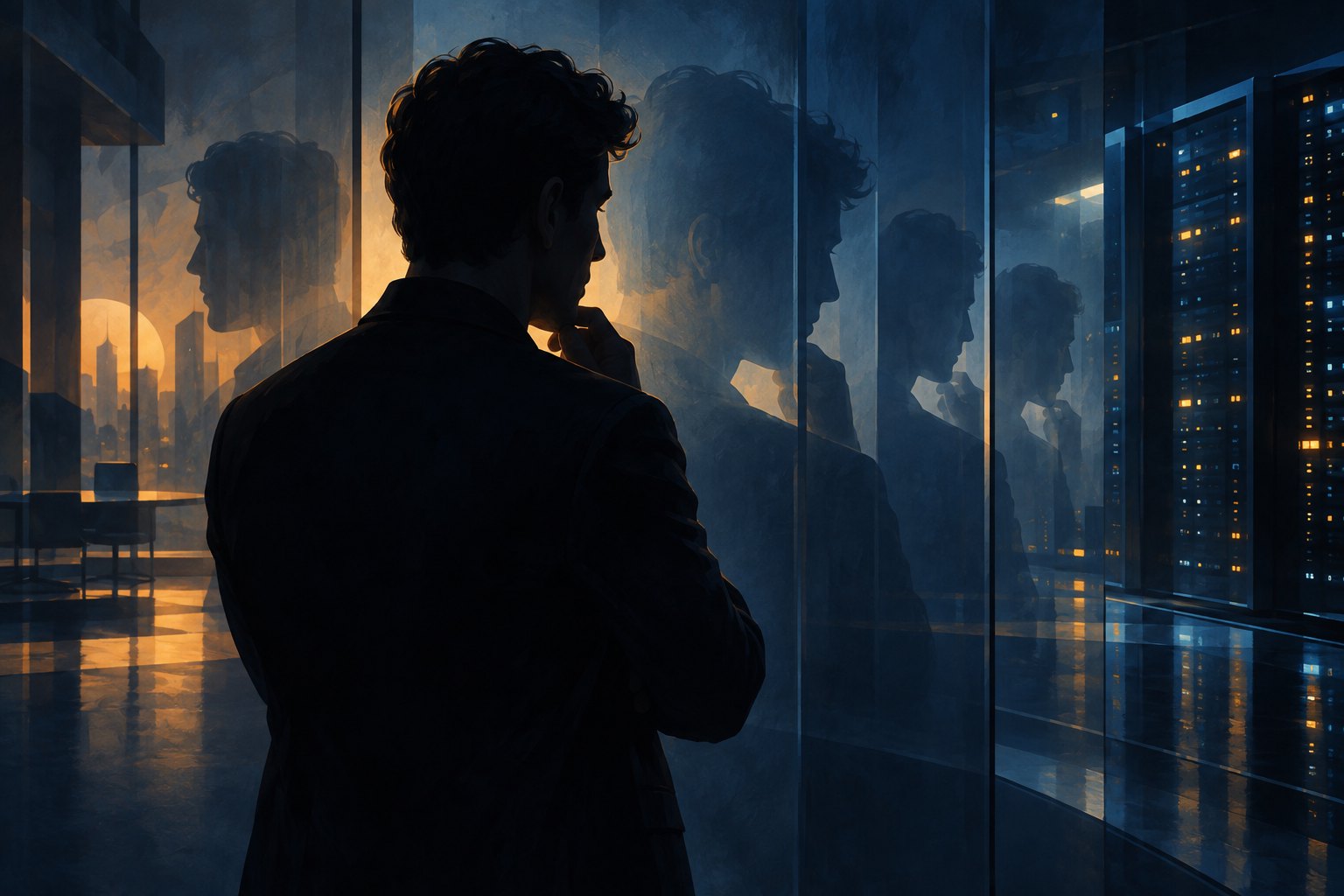 Conceptual illustration of a silhouetted man reflected in glass panels beside blue and amber server lights.