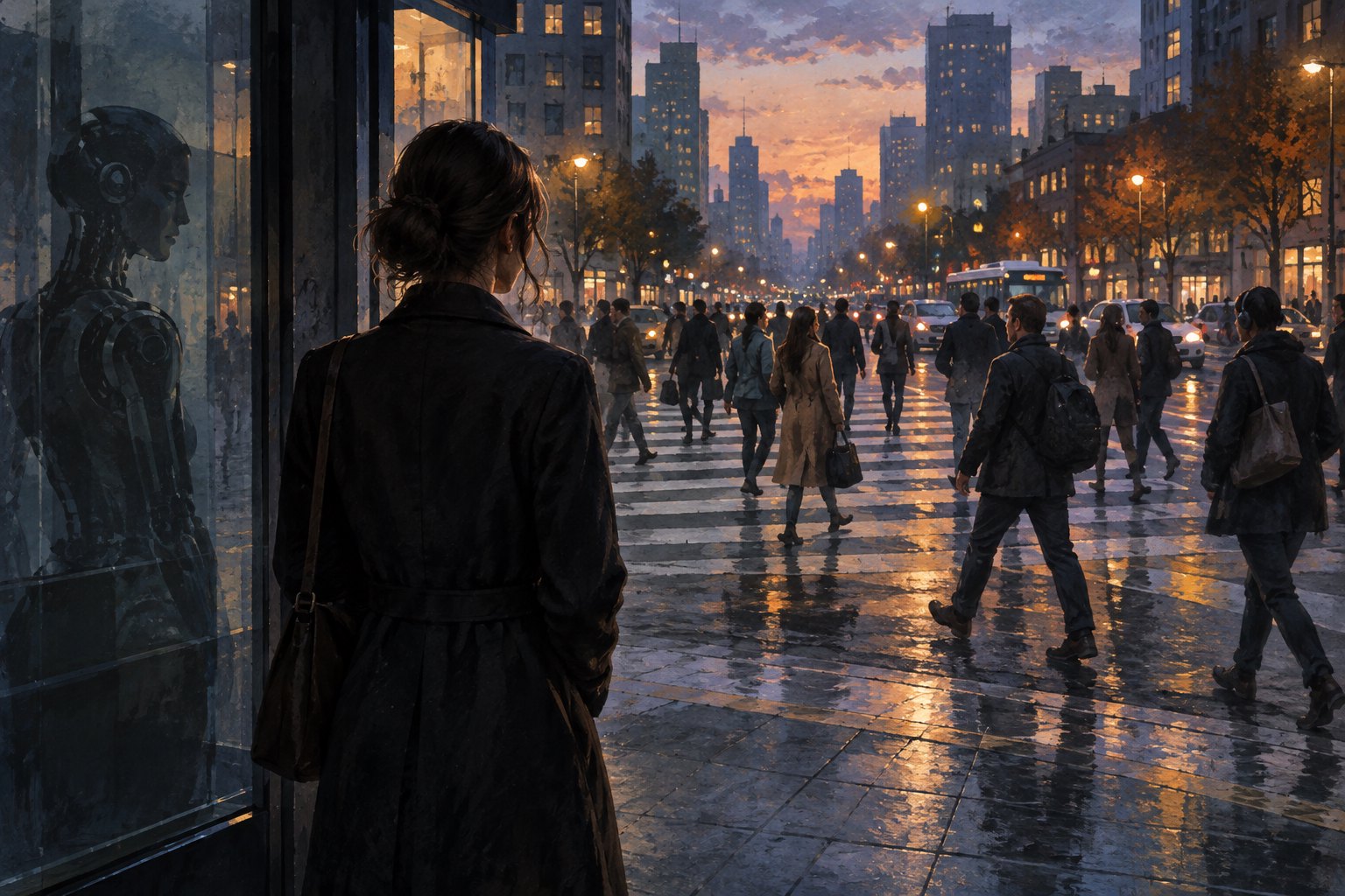 A woman watches a crowded city intersection at dusk while a mechanical silhouette appears in the glass beside her.