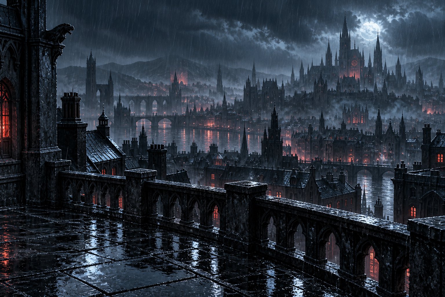 城市危机主题概念插画:雨夜空旷的石质露台外,哥特式建筑笼罩在蓝灰雾气与零星红光中