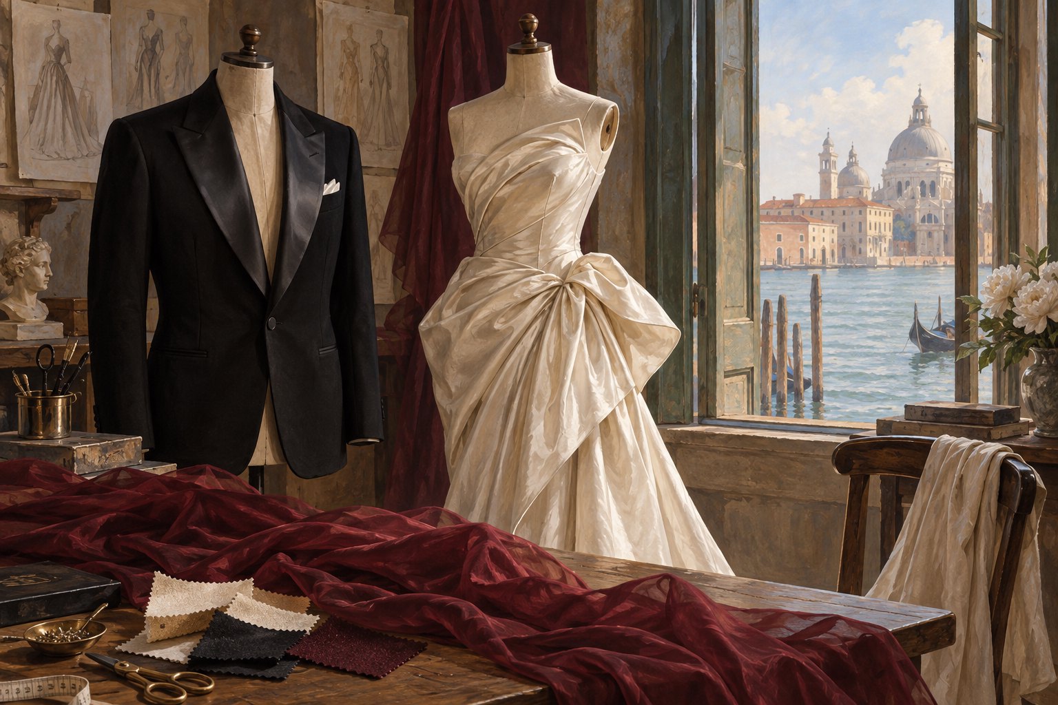 Concept illustration of an ivory gown and black tuxedo jacket on dress forms beside burgundy fabric in a Venetian atelier.