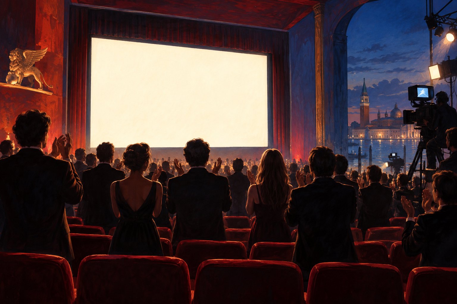Conceptual illustration of a standing cinema audience applauding a glowing screen beside a view of Venice at dusk.