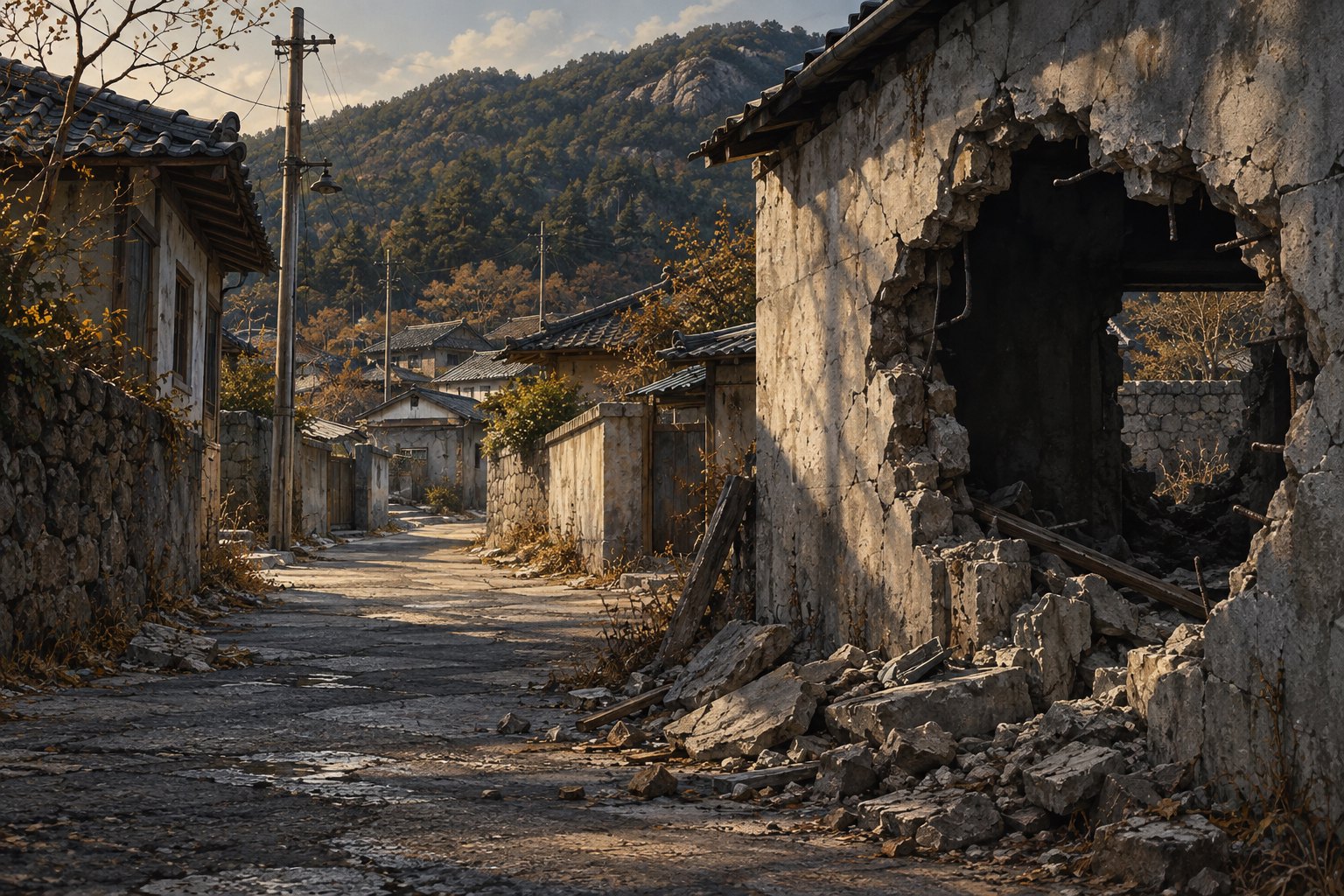 Concept illustration of a deserted Korean village street with rubble beneath a large hole in a concrete wall.