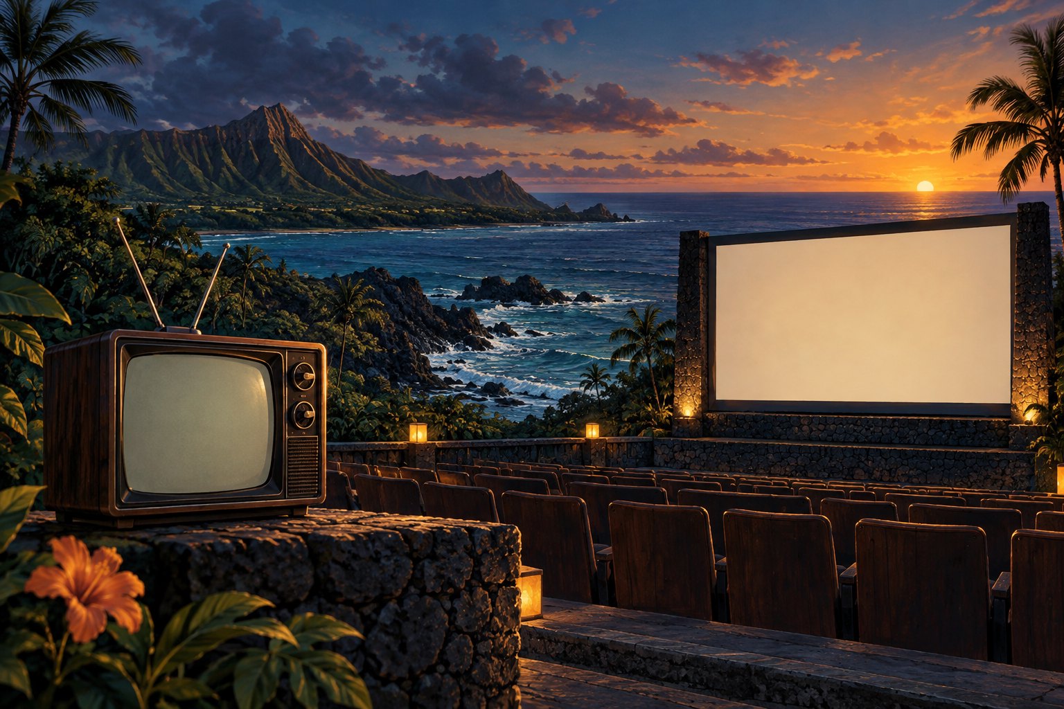 Conceptual illustration of a vintage television facing an outdoor cinema screen beside a lush island coastline at dusk.